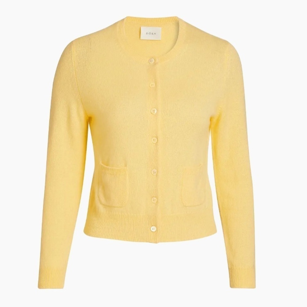 Doen Freya Cashmere Crewneck Pocket Button Knit Sweater Top Lemon Chiffon Yellow